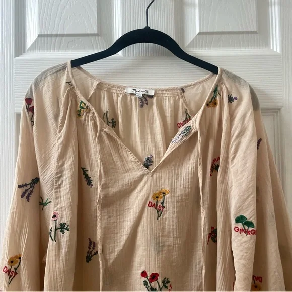 SALE! Madewell Botanical Embroidered Gauzy Cotton Tie-Neck Peasant Top Small - Picture 4 of 11